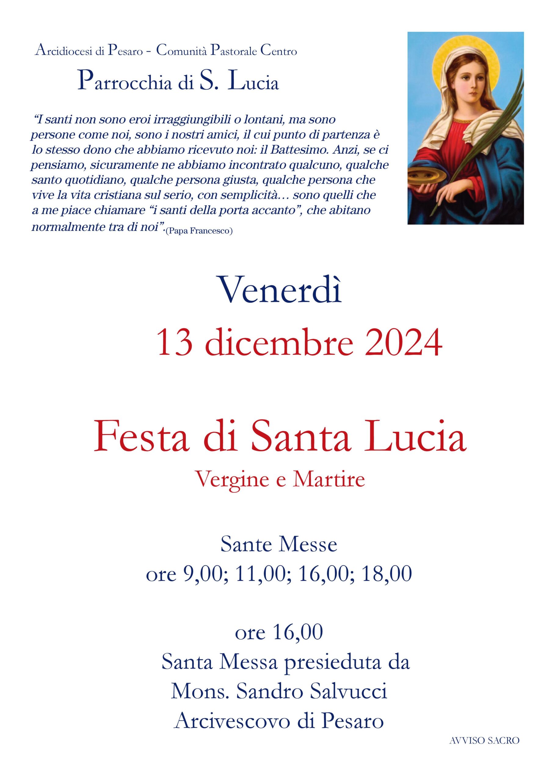 FESTA DI SANTA LUCIA – Venerdì 13 dicembre 2024 – Orario delle celebrazioni nella Parrocchia di Santa Lucia