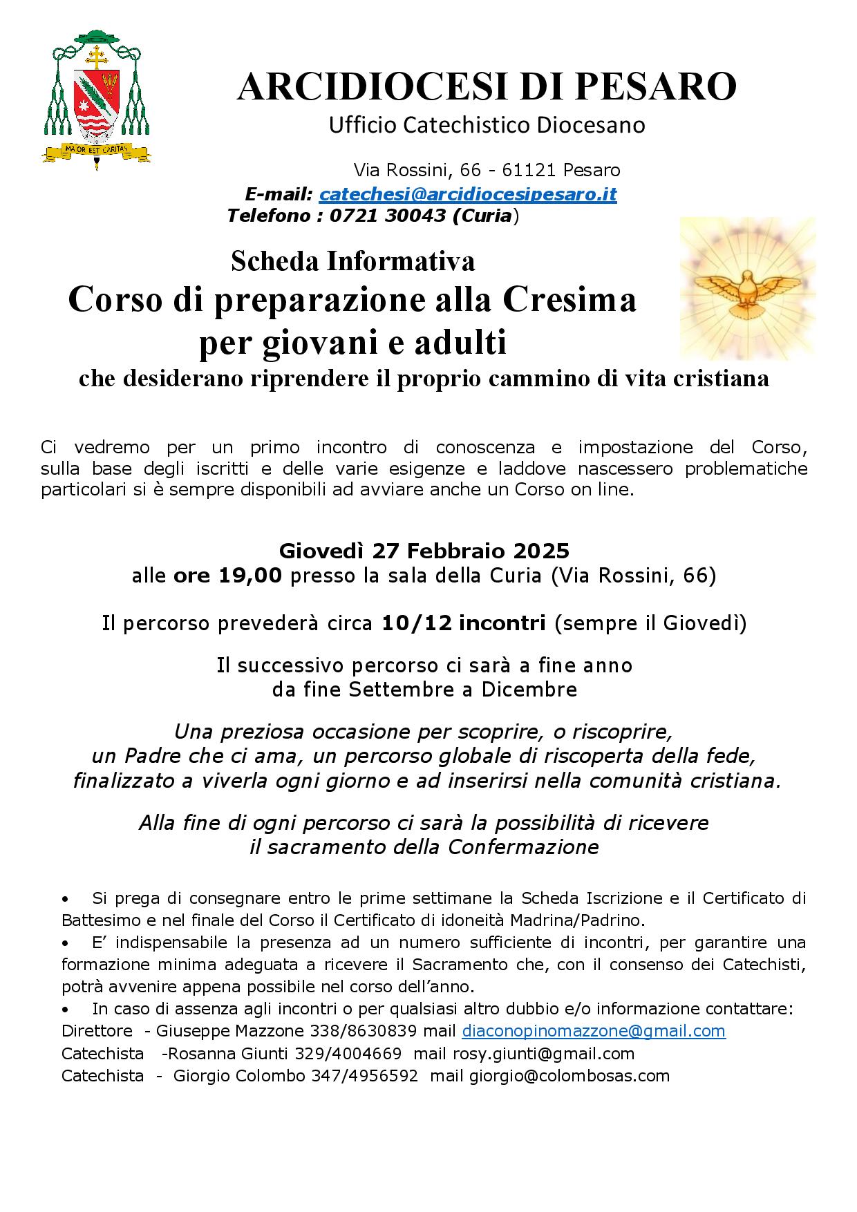 CORSO DI PREPARAZIONE ALLA CRESIMA PER GIOVANI E ADULTI – Scheda informativa